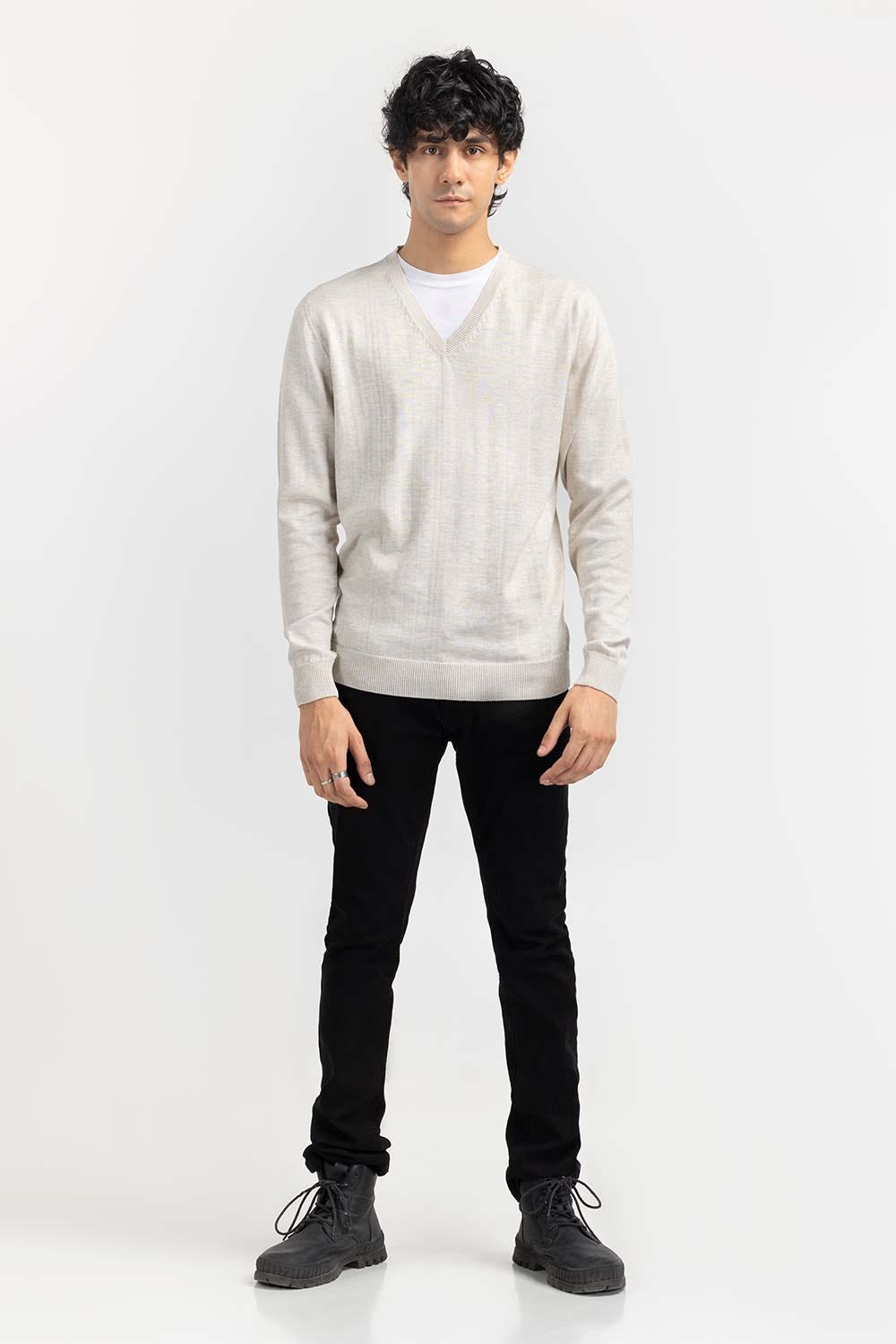 Oatmeal Basic V Neck Sweater SWT-BFSVN-22-006