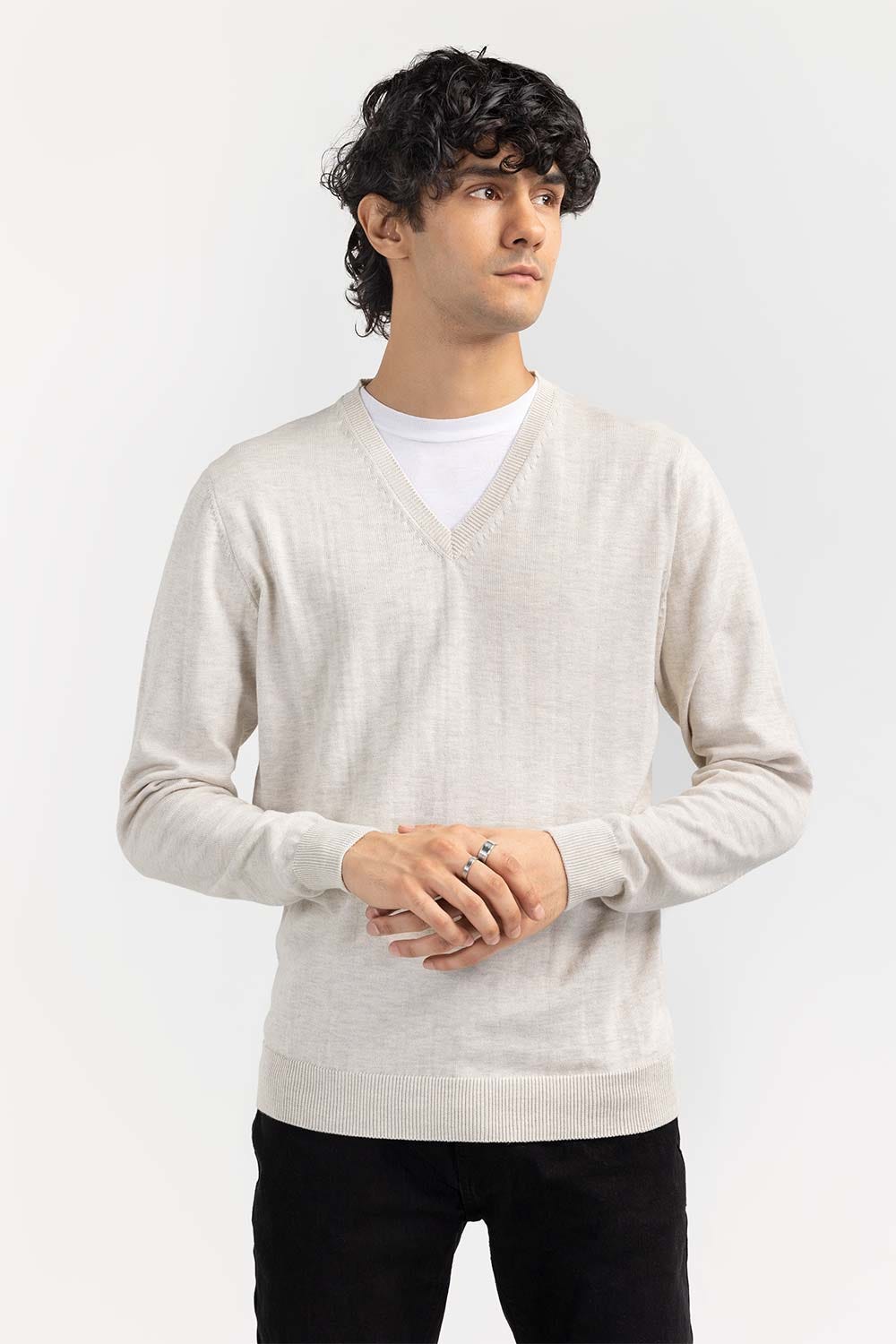 Oatmeal Basic V Neck Sweater SWT-BFSVN-22-006