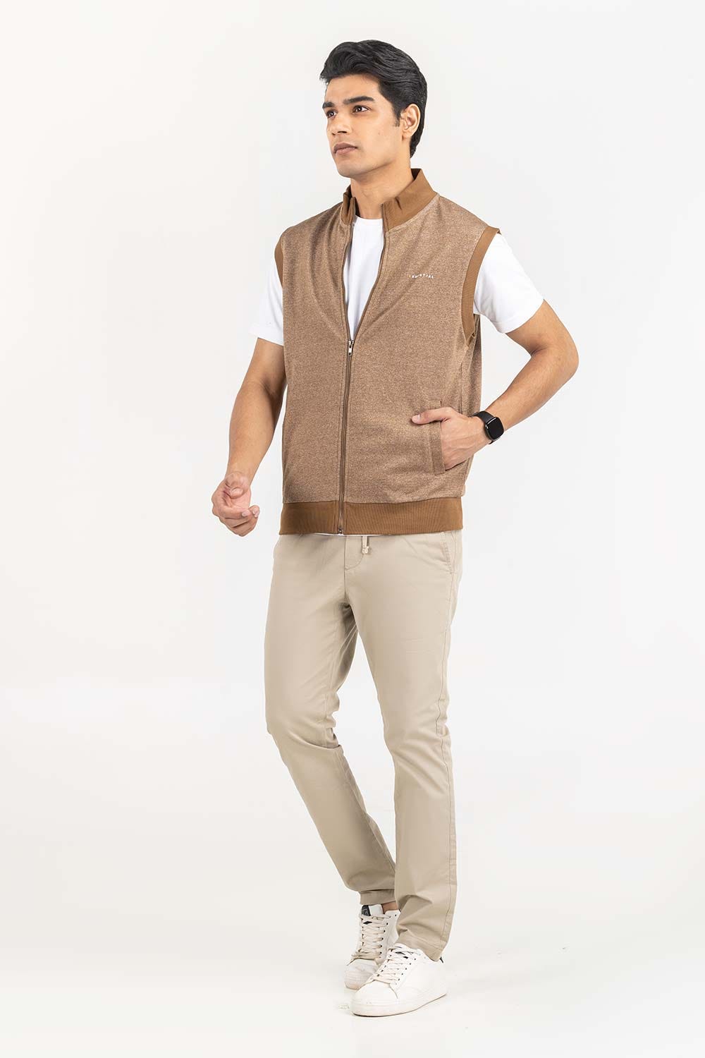 Oatmeal Mock Neck Zipper Gilet JKT-KNTVST22-065