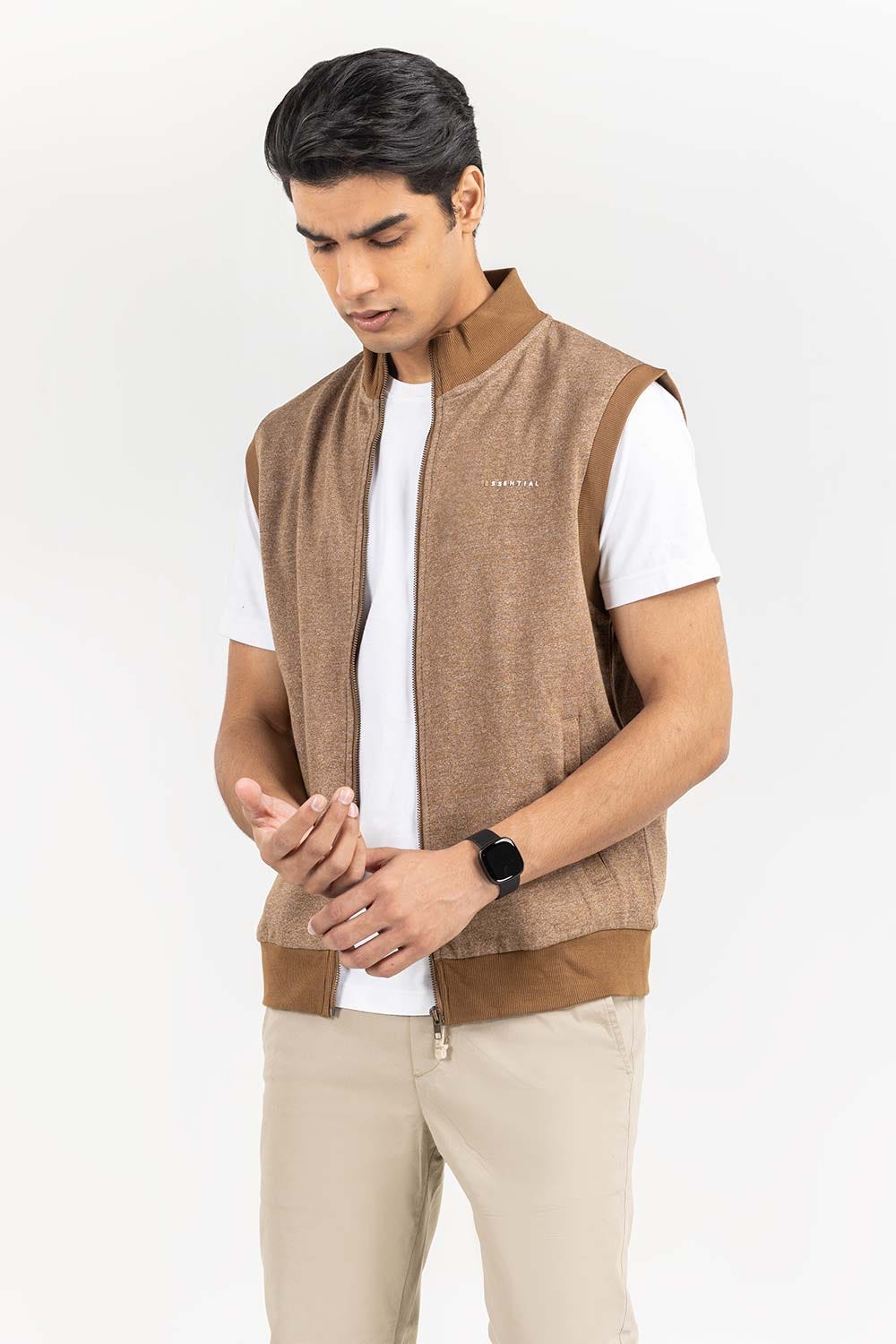 Oatmeal Mock Neck Zipper Gilet JKT-KNTVST22-065