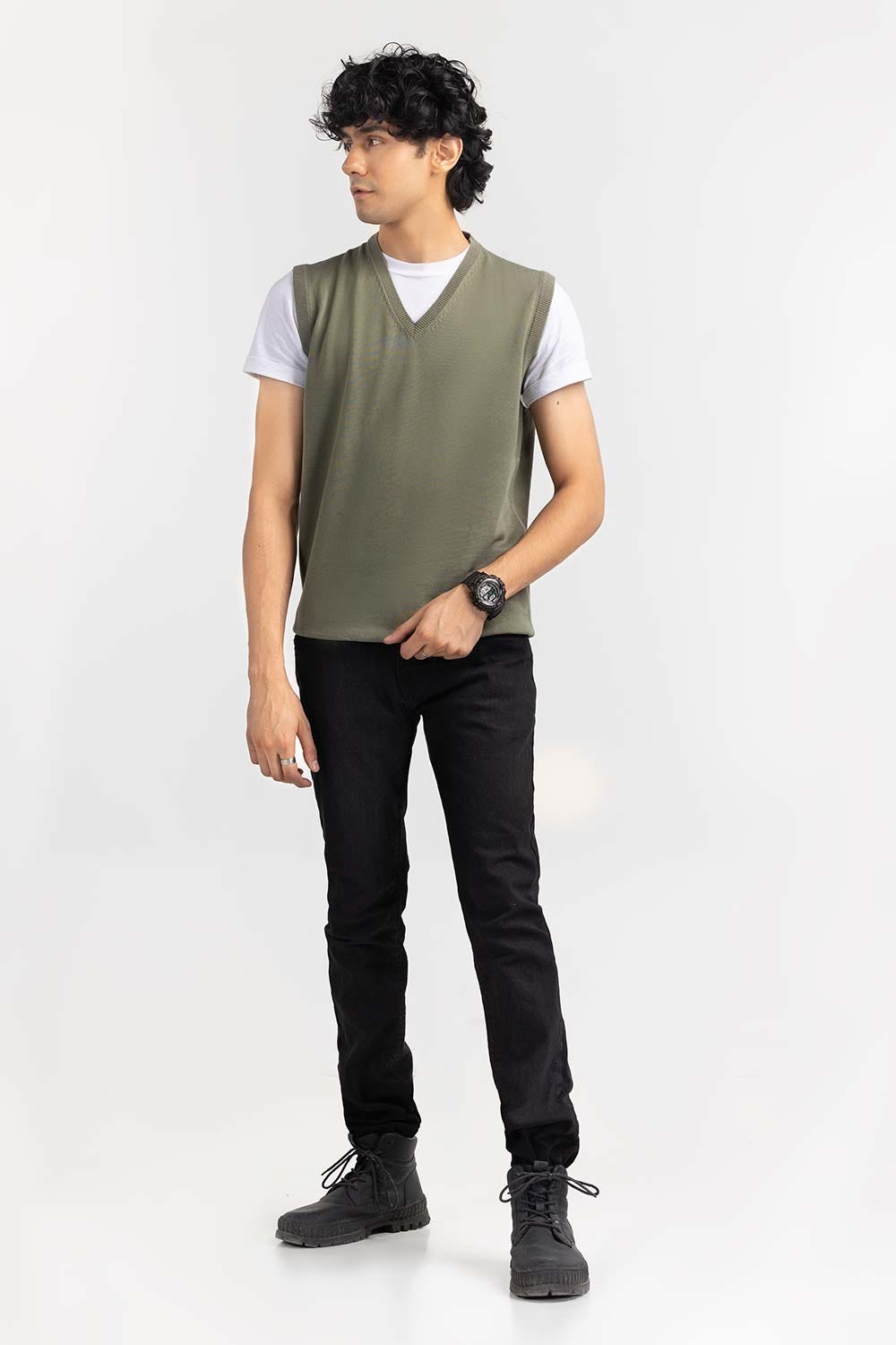 Olive Basic V Neck Sleeveless Sweater SWT-BSLVN-22-013