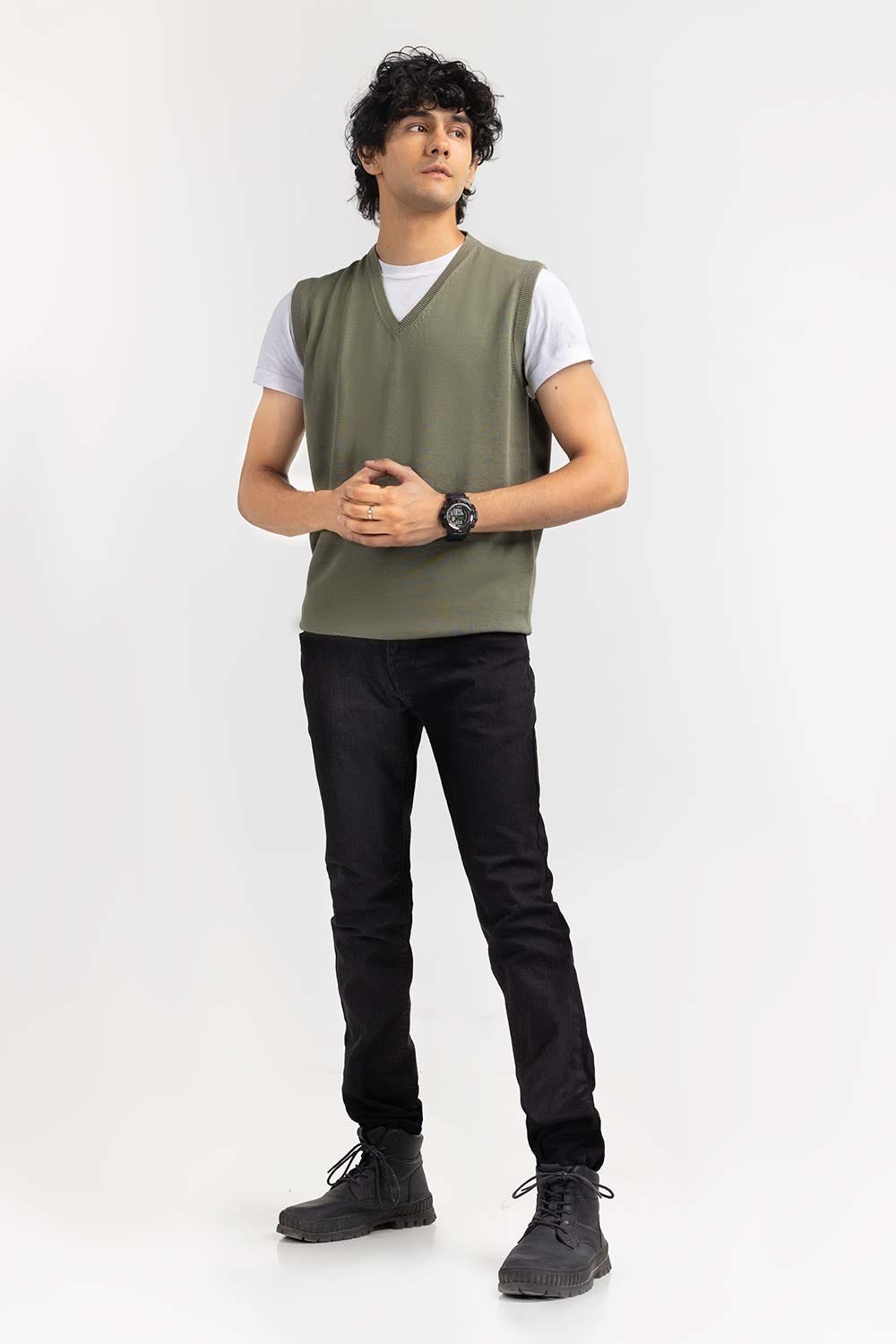 Olive Basic V Neck Sleeveless Sweater SWT-BSLVN-22-013