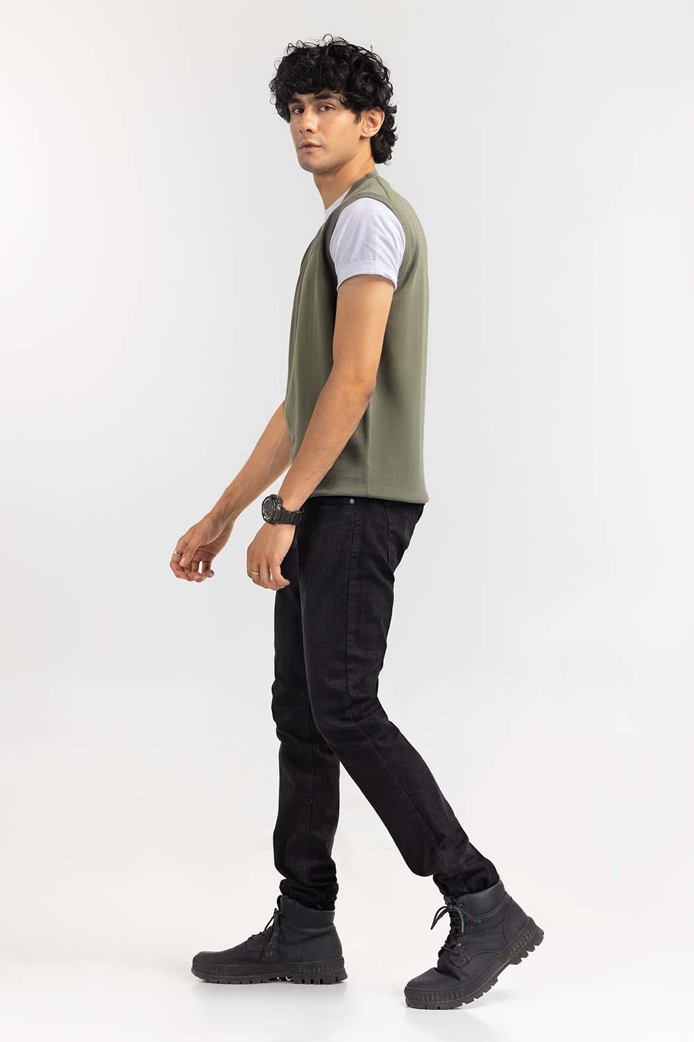 Olive Basic V Neck Sleeveless Sweater SWT-BSLVN-22-013