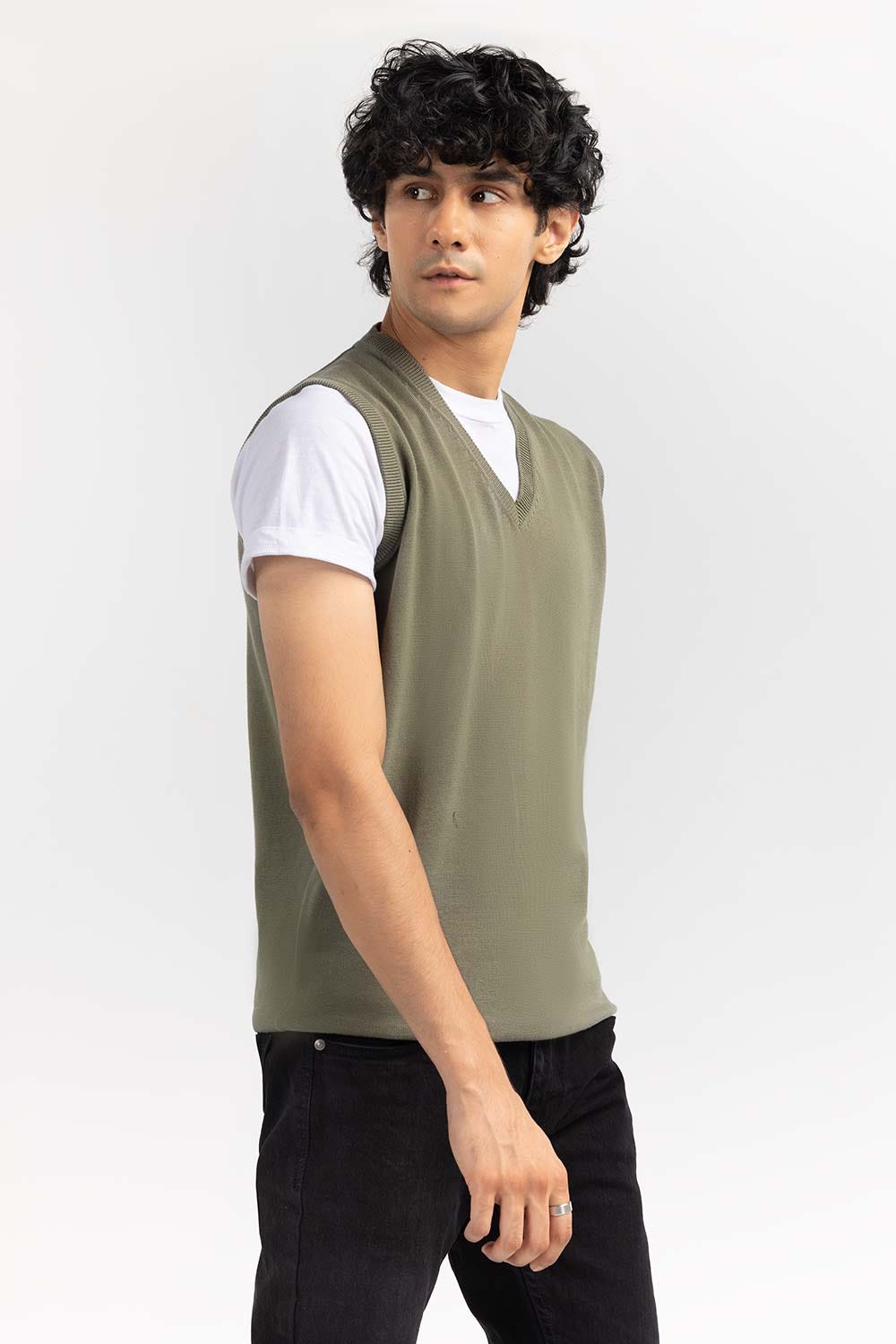 Olive Basic V Neck Sleeveless Sweater SWT-BSLVN-22-013