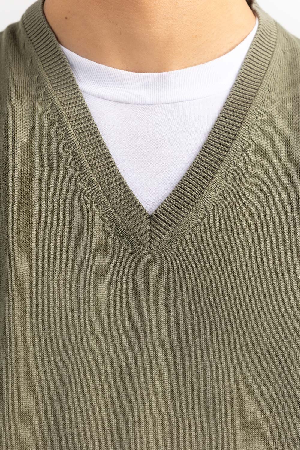 Olive Basic V Neck Sleeveless Sweater SWT-BSLVN-22-013