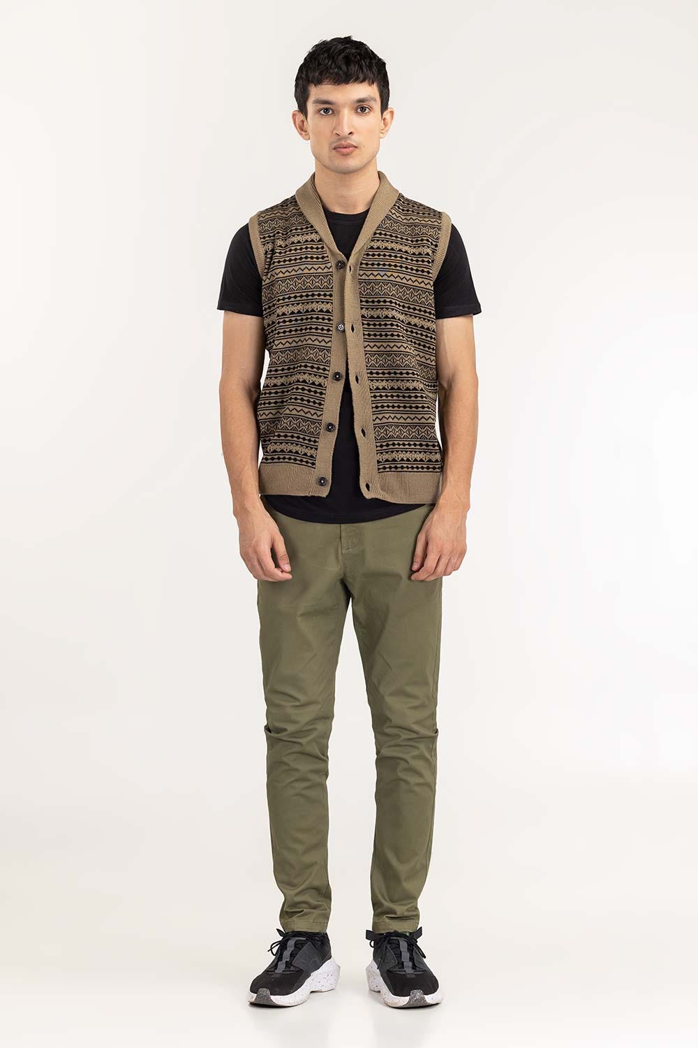 Olive Black Sleevless Cardigan SWT-FSLCD22-149