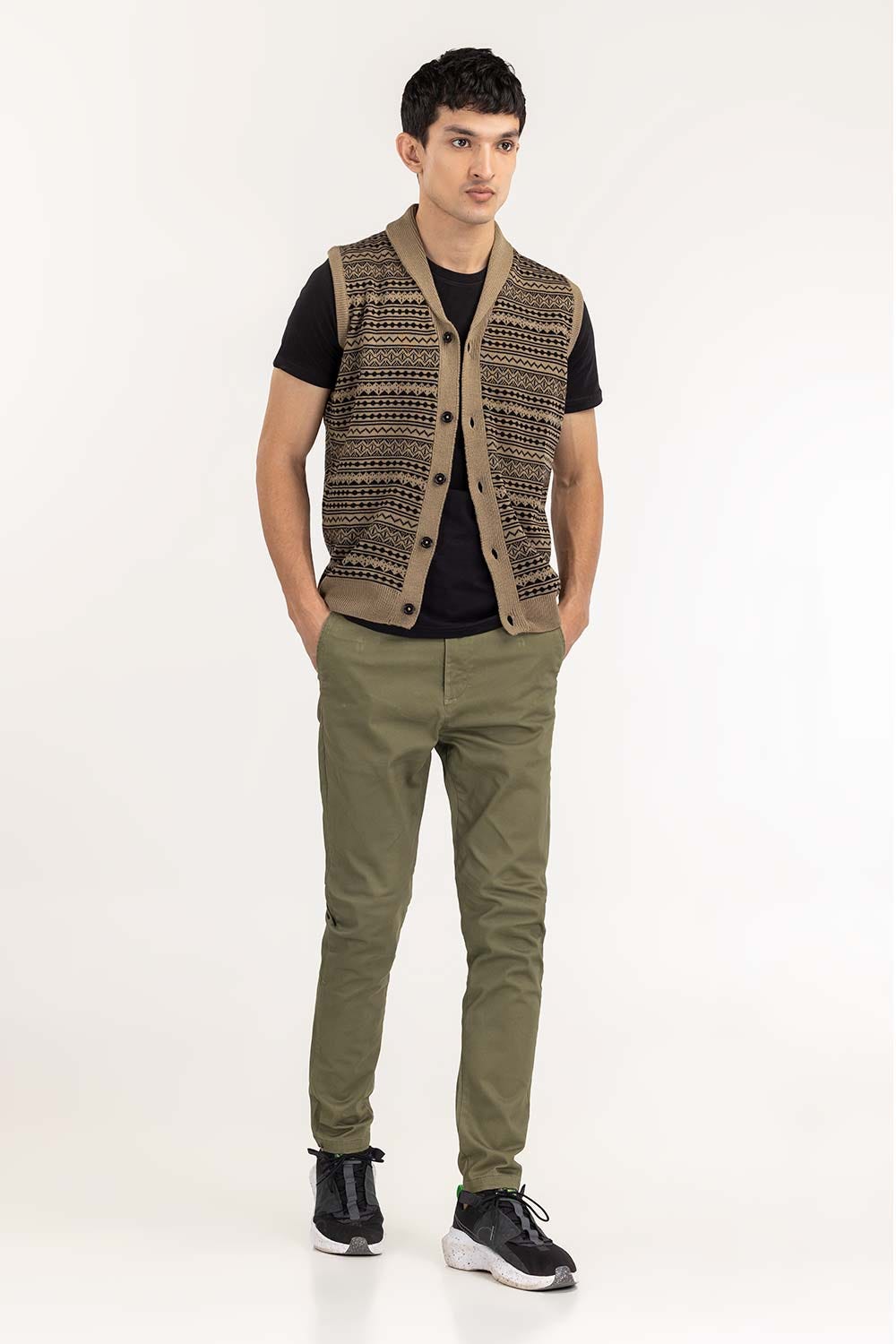 Olive Black Sleevless Cardigan SWT-FSLCD22-149