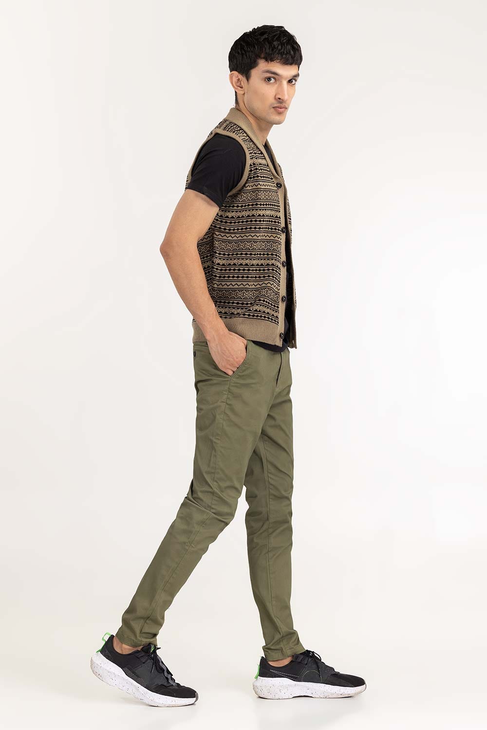 Olive Black Sleevless Cardigan SWT-FSLCD22-149