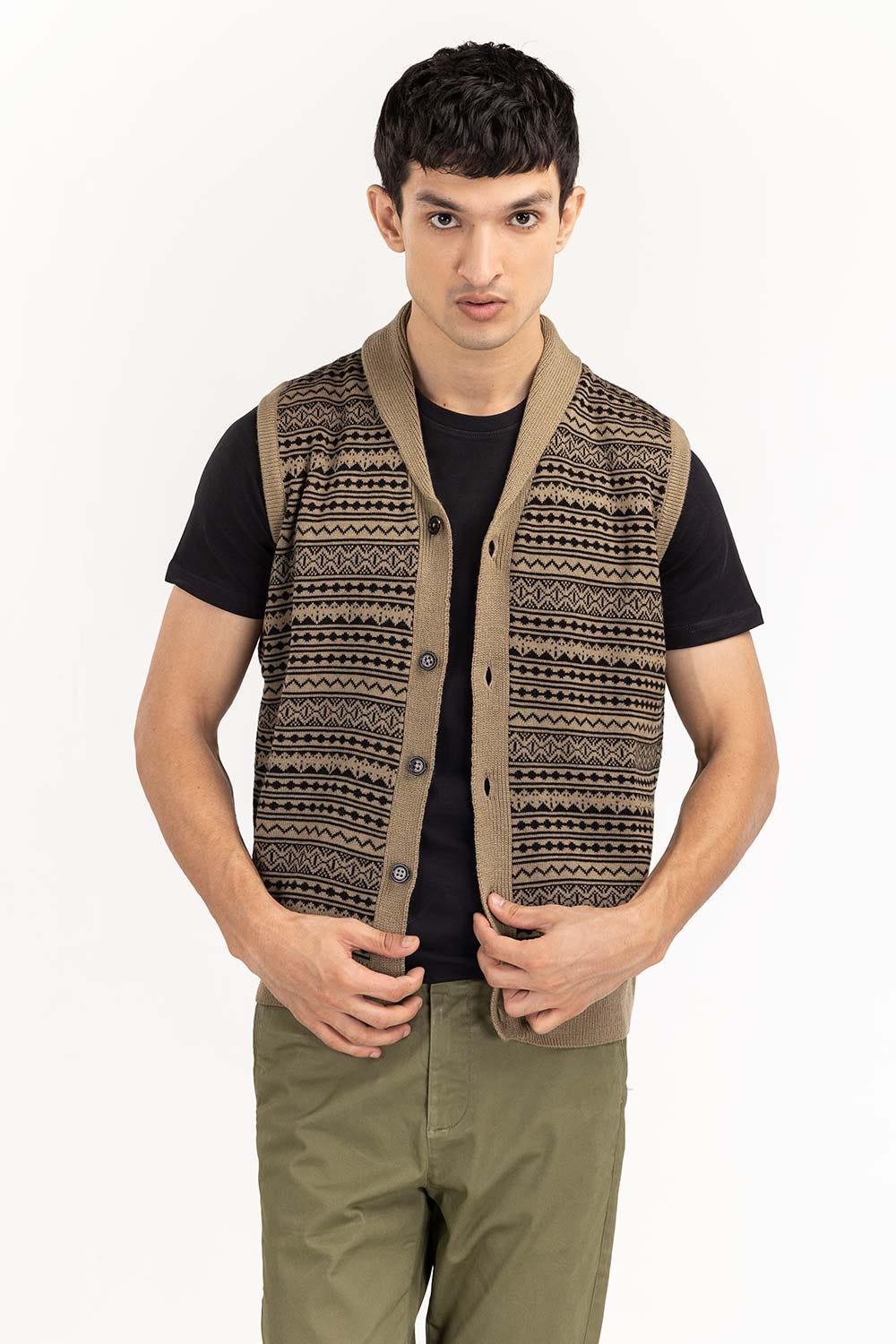 Olive Black Sleevless Cardigan SWT-FSLCD22-149