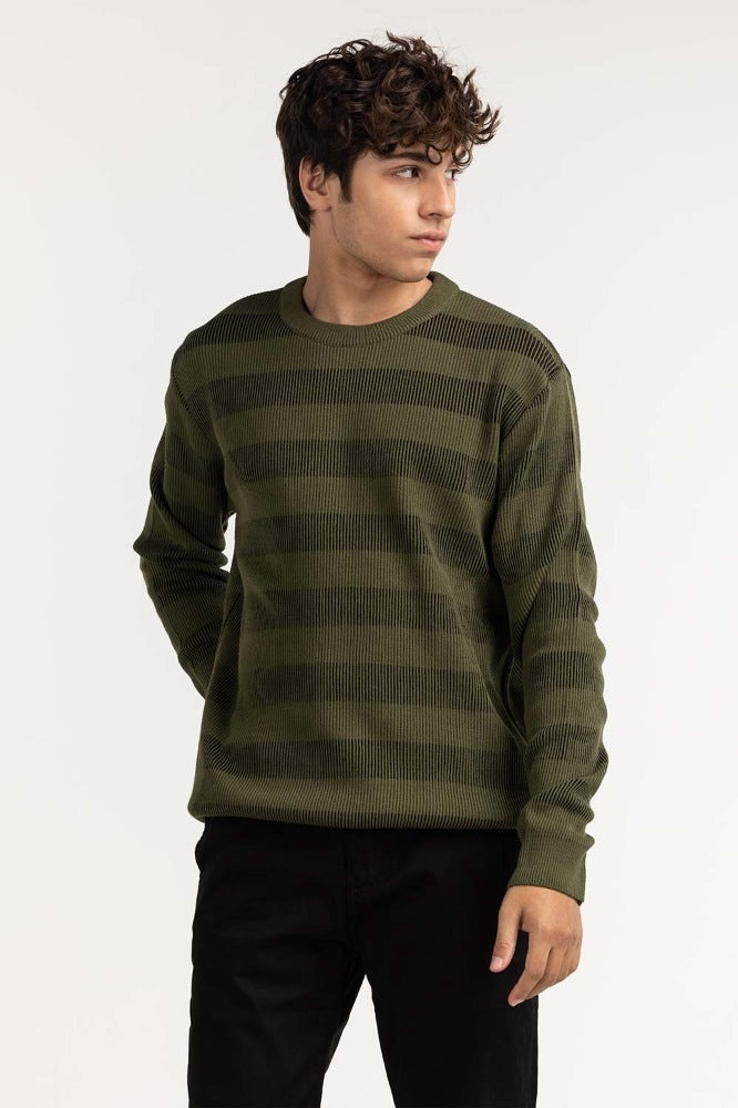 Olive Black striped Basic Sweater MN-SWT-WS23-033