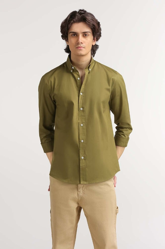 Olive Solid Casual Shirt MN-CS-YD23-014