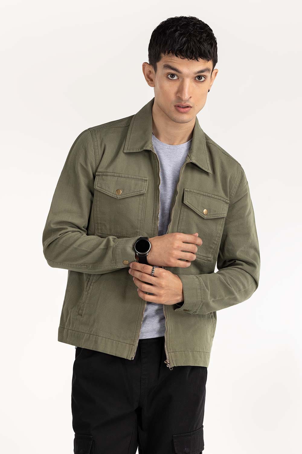 Olive Twill Zipper Jacket JKT-WOV22-033