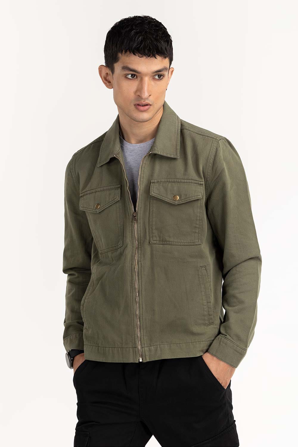 Olive Twill Zipper Jacket JKT-WOV22-033