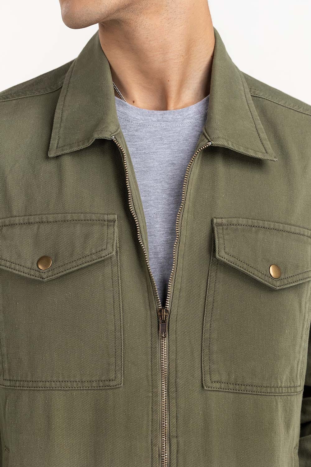 Olive Twill Zipper Jacket JKT-WOV22-033
