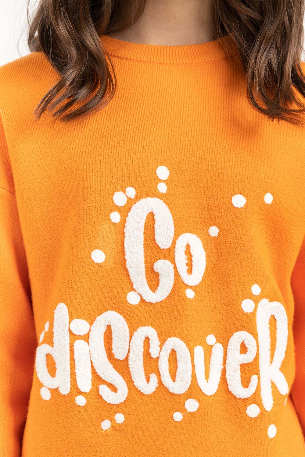 Junior Girl Orange Sweater With Round Neck And Long Sleeves 224-411-025