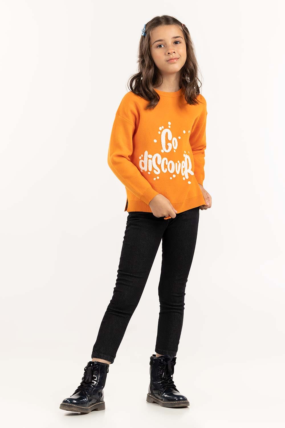 Junior Girl Orange Sweater With Round Neck And Long Sleeves 224-411-025
