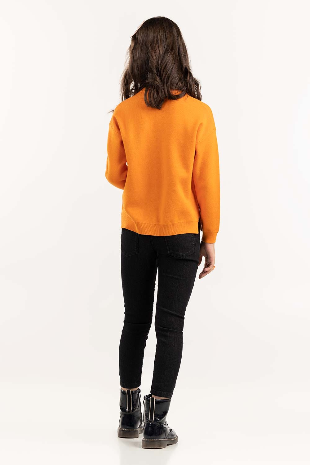 Junior Girl Orange Sweater With Round Neck And Long Sleeves 224-411-025