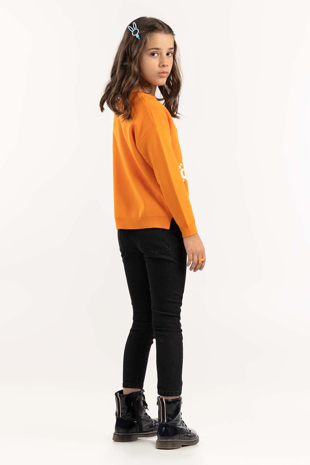 Junior Girl Orange Sweater With Round Neck And Long Sleeves 224-411-025