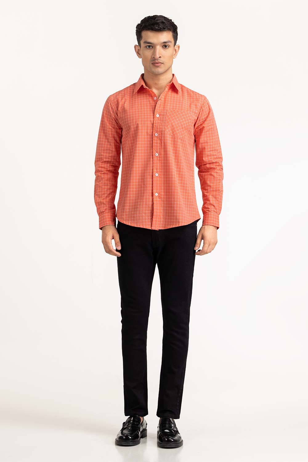 Orange White Checkered Casual Shirt CS-YD22-034