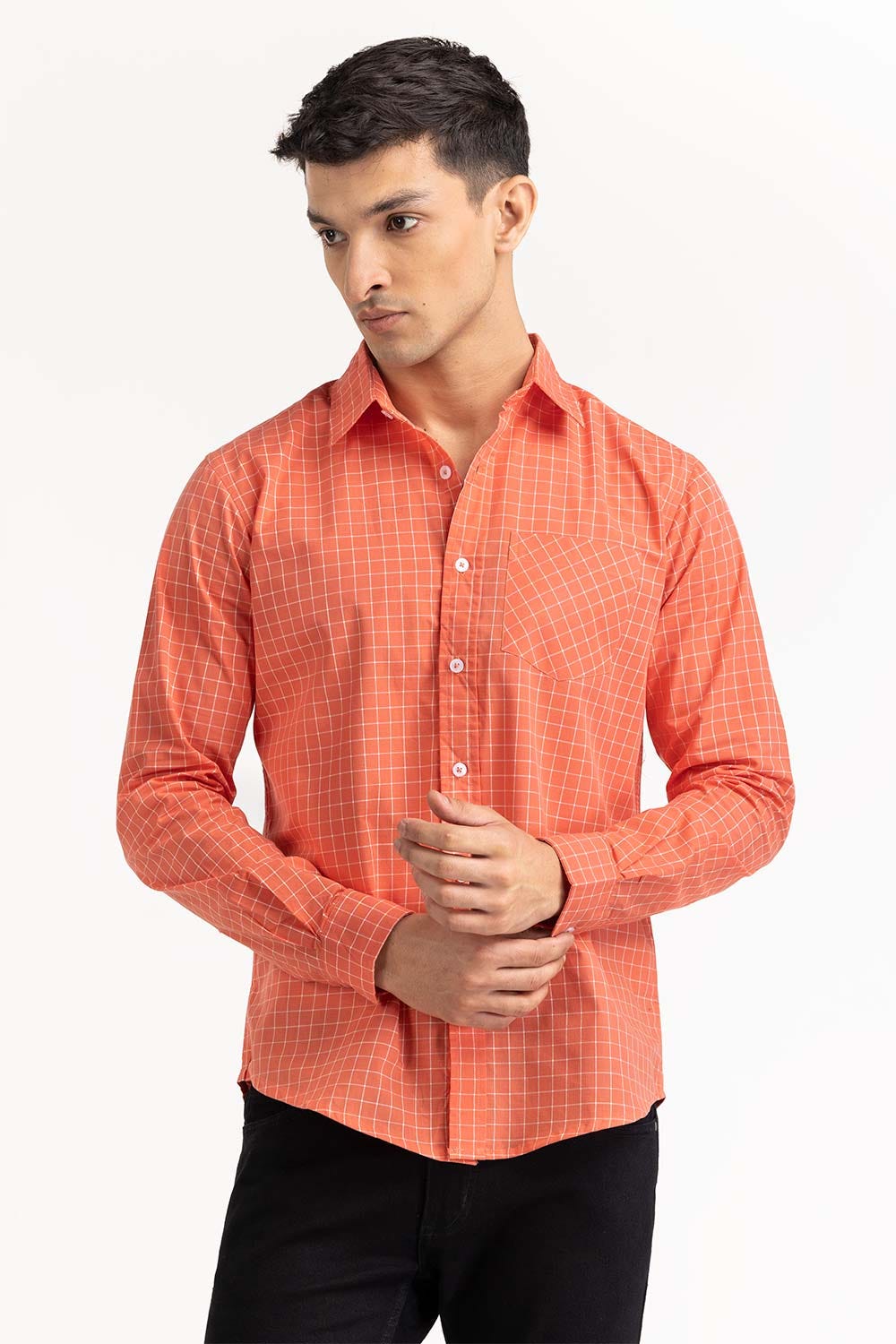 Orange White Checkered Casual Shirt CS-YD22-034