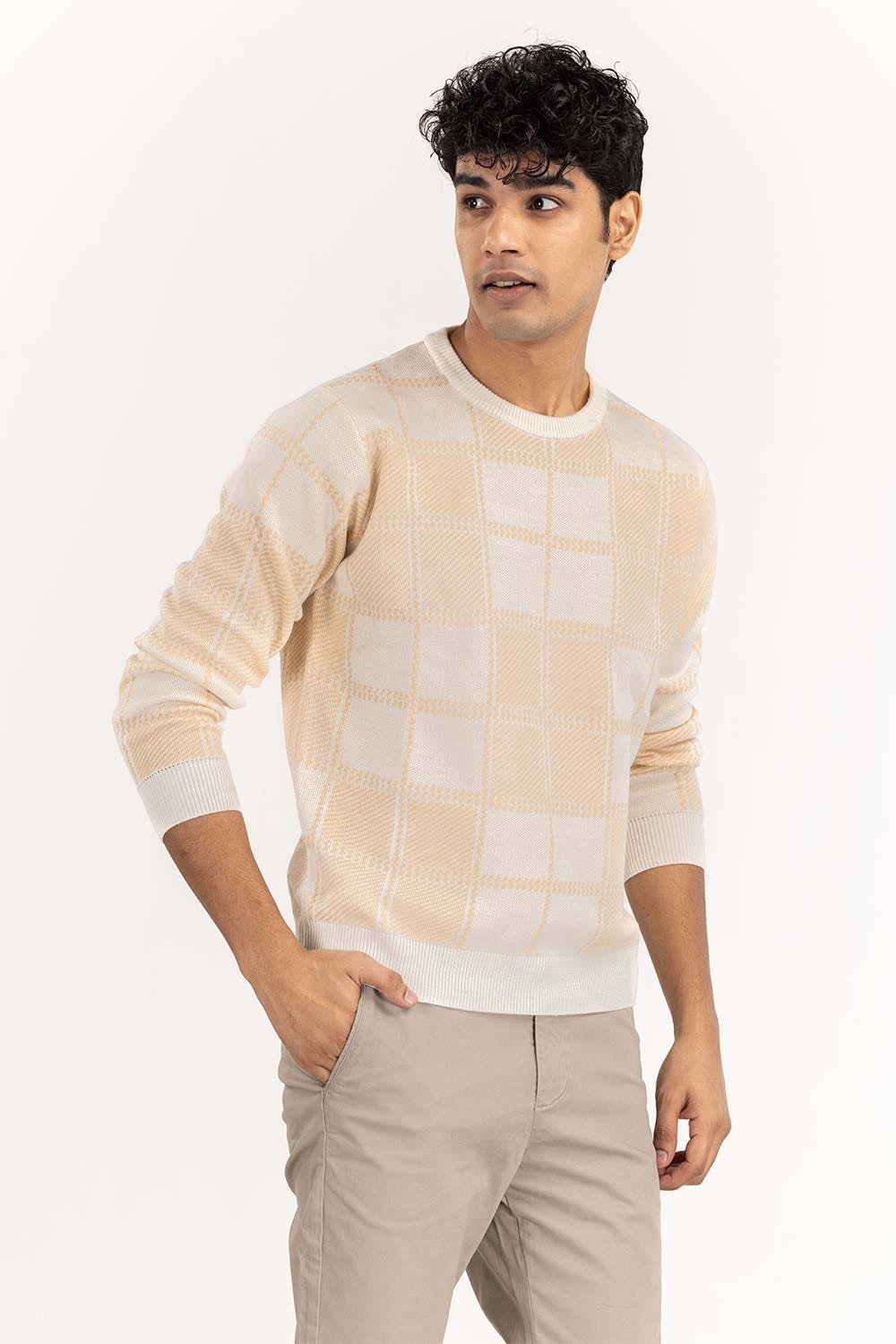 Peach Checkered Crew Neck Sweater SWT-FFSCN22-150-2