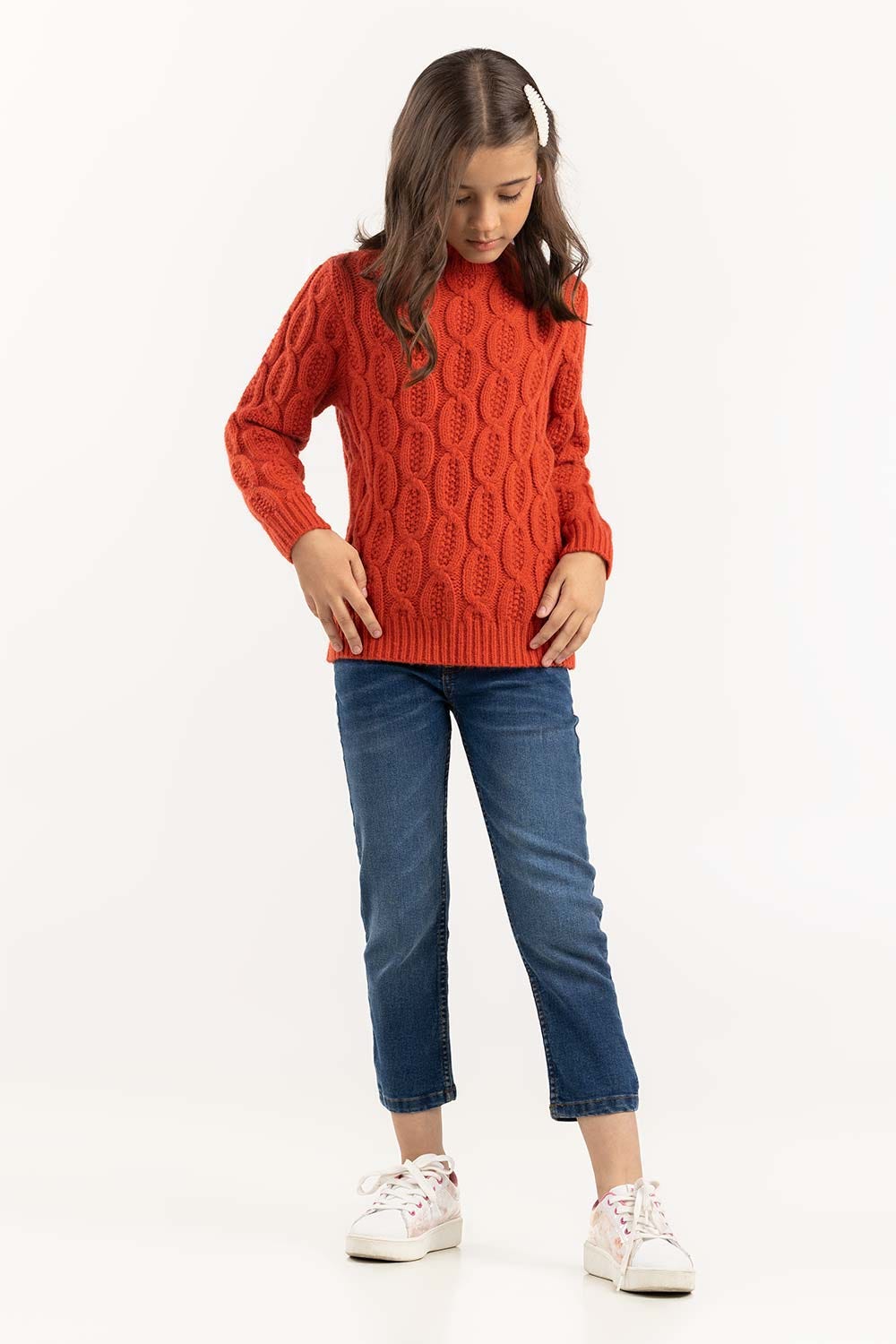 Junior Girl Orange Cable Knit Sweater 224-411-045