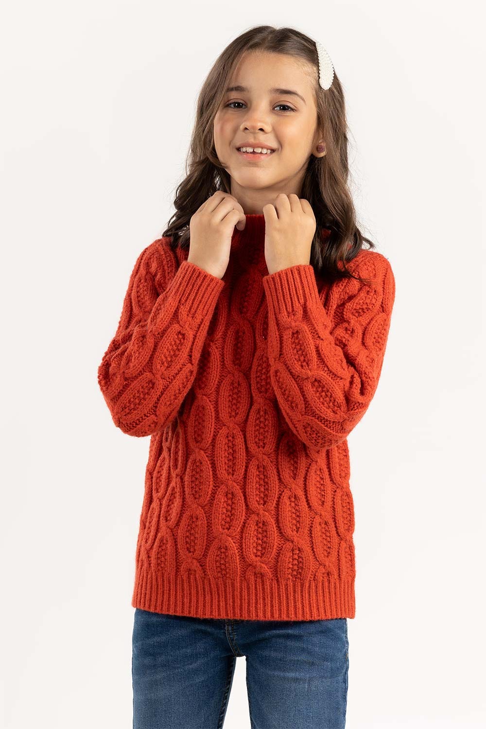 Junior Girl Orange Cable Knit Sweater 224-411-045
