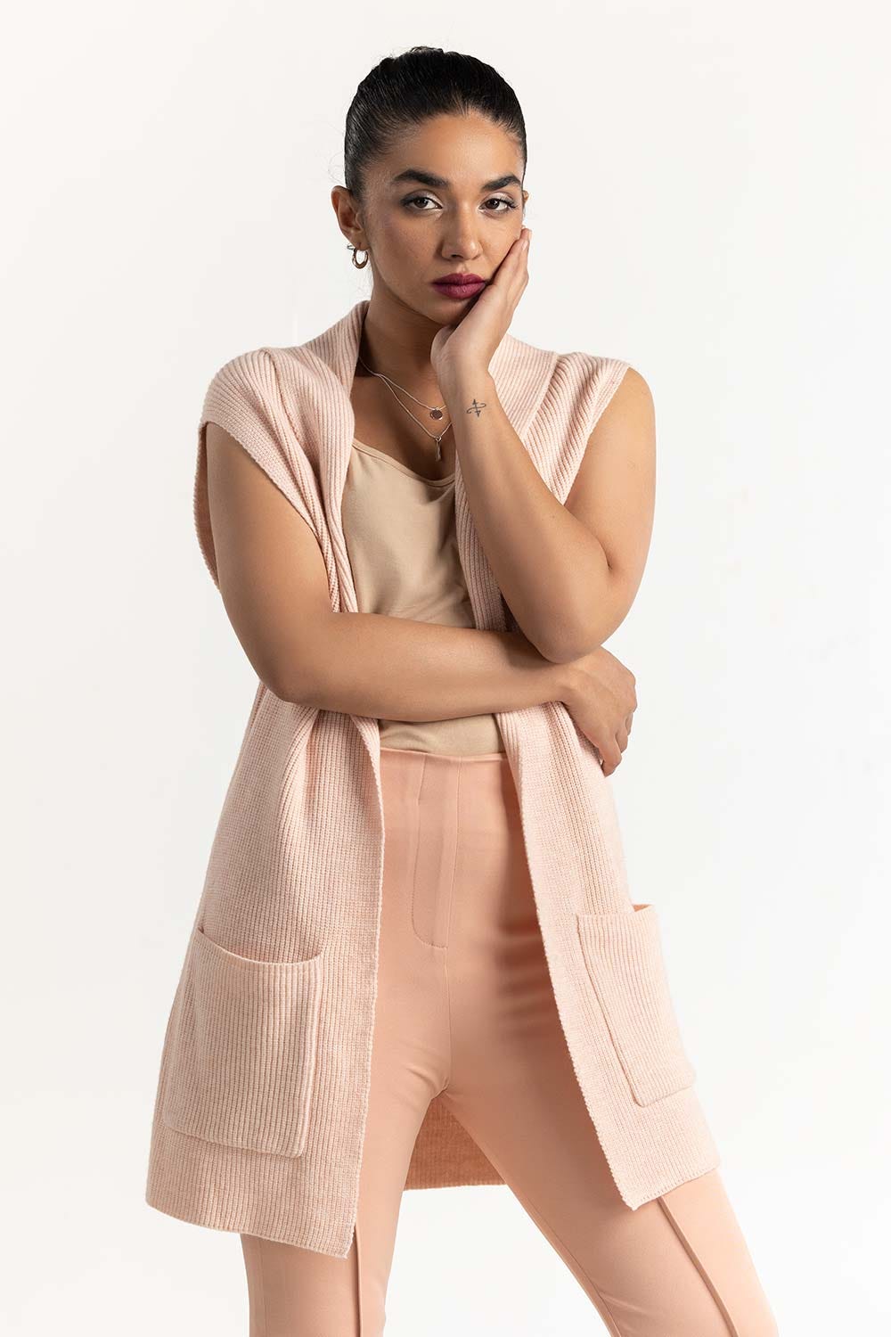 Peach Shawl Collar Open Cardigan 224-211-074