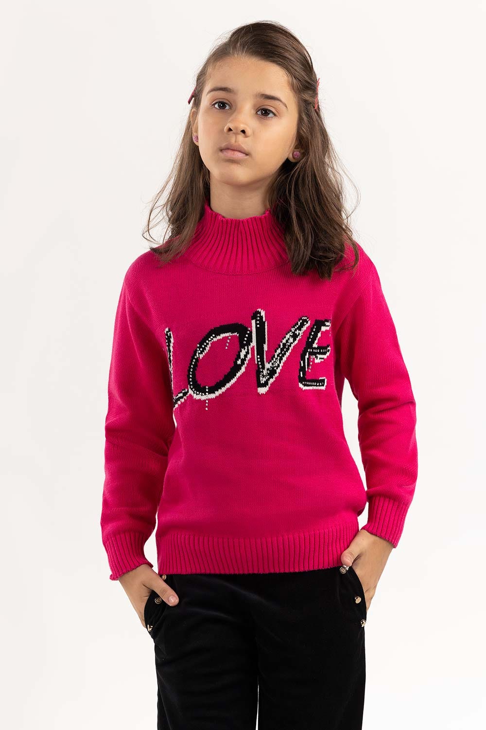 Junior Girl Pink Knit Sweater With High-Neck 224-411-029