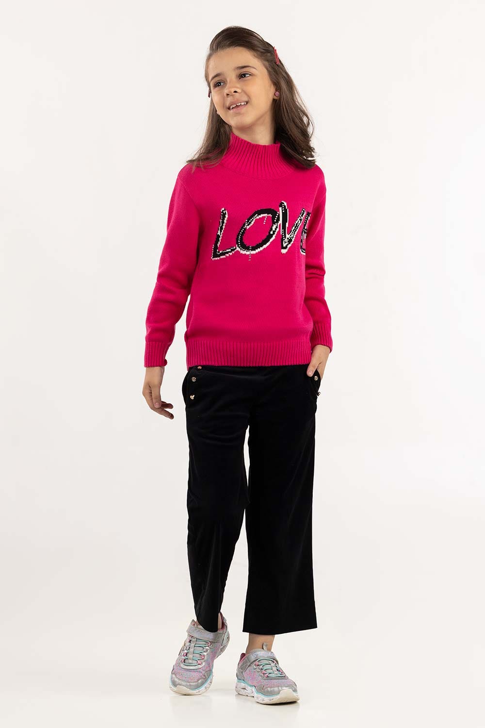 Junior Girl Pink Knit Sweater With High-Neck 224-411-029