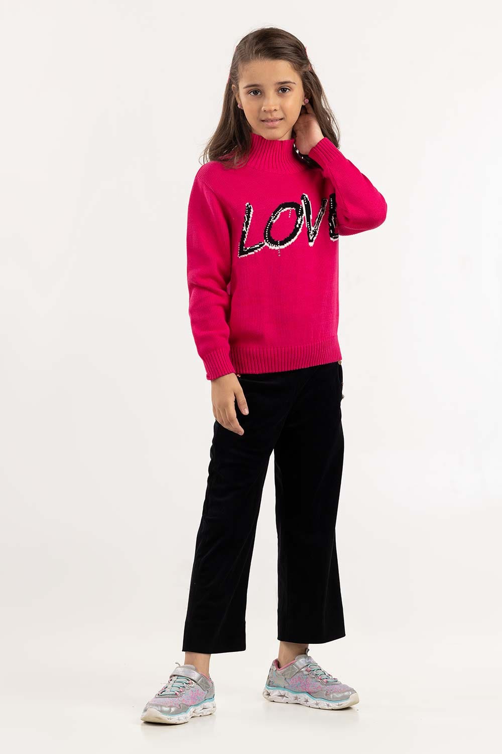 Junior Girl Pink Knit Sweater With High-Neck 224-411-029