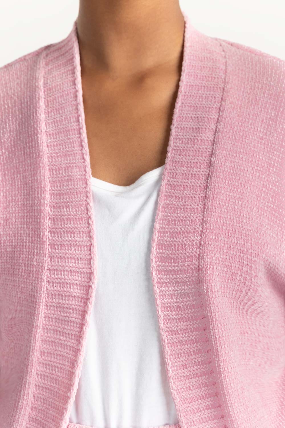 Pink Open Cardigan With Ribbed Hem 224-211-072