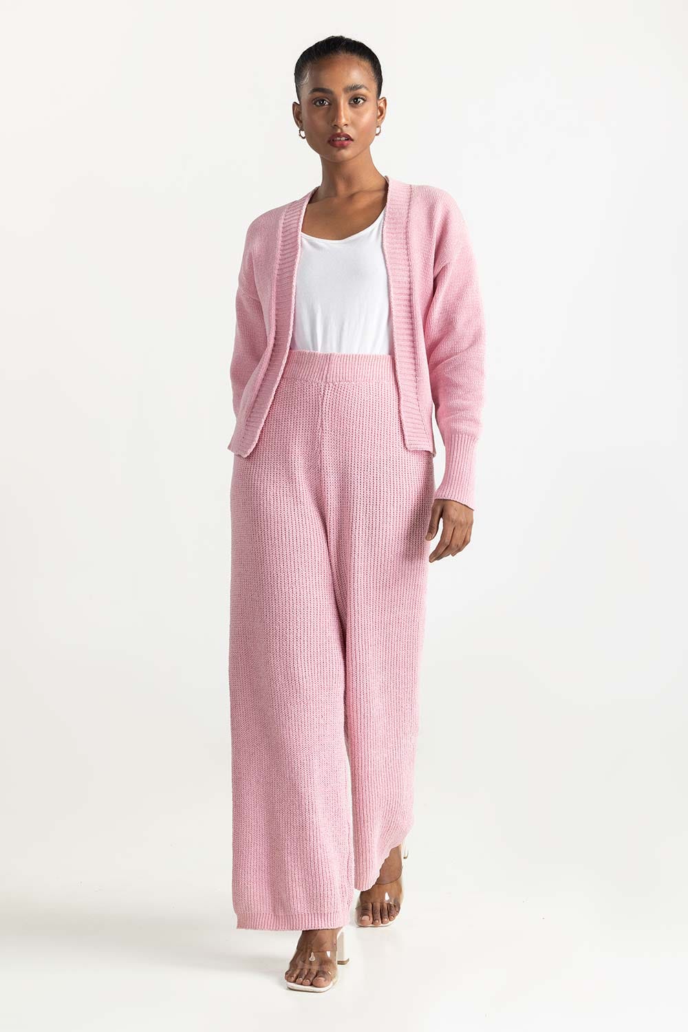 Pink Open Cardigan With Ribbed Hem 224-211-072
