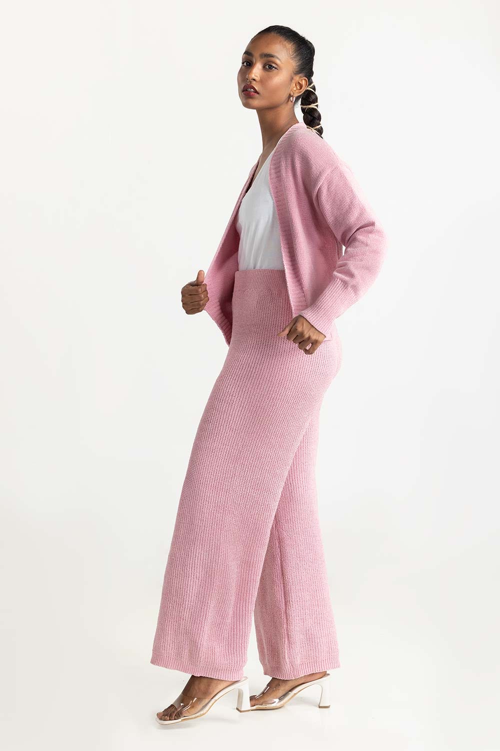 Pink Open Cardigan With Ribbed Hem 224-211-072