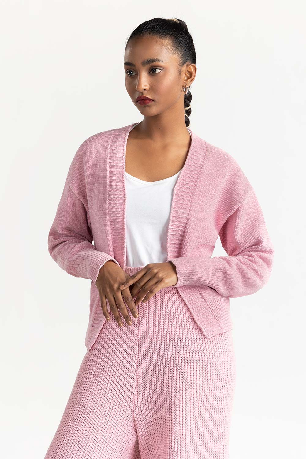 Pink Open Cardigan With Ribbed Hem 224-211-072