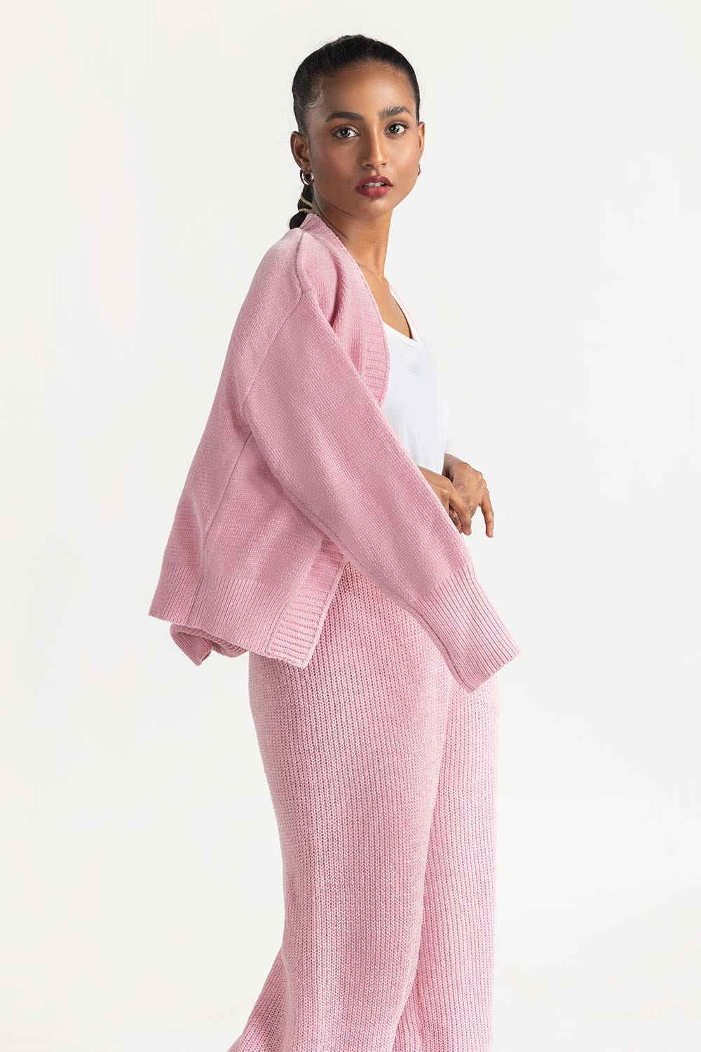 Pink Open Cardigan With Ribbed Hem 224-211-072