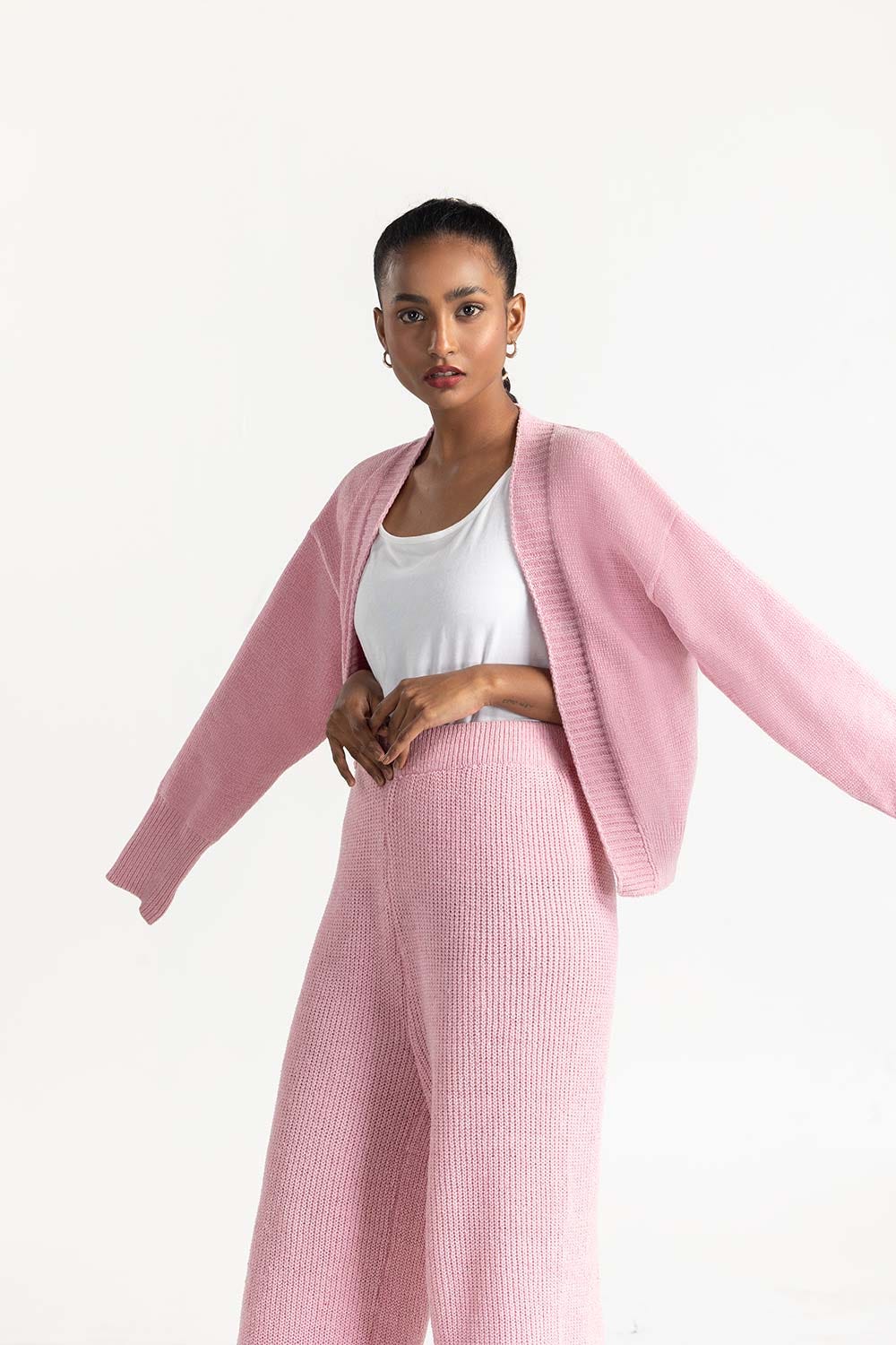 Pink Open Cardigan With Ribbed Hem 224-211-072