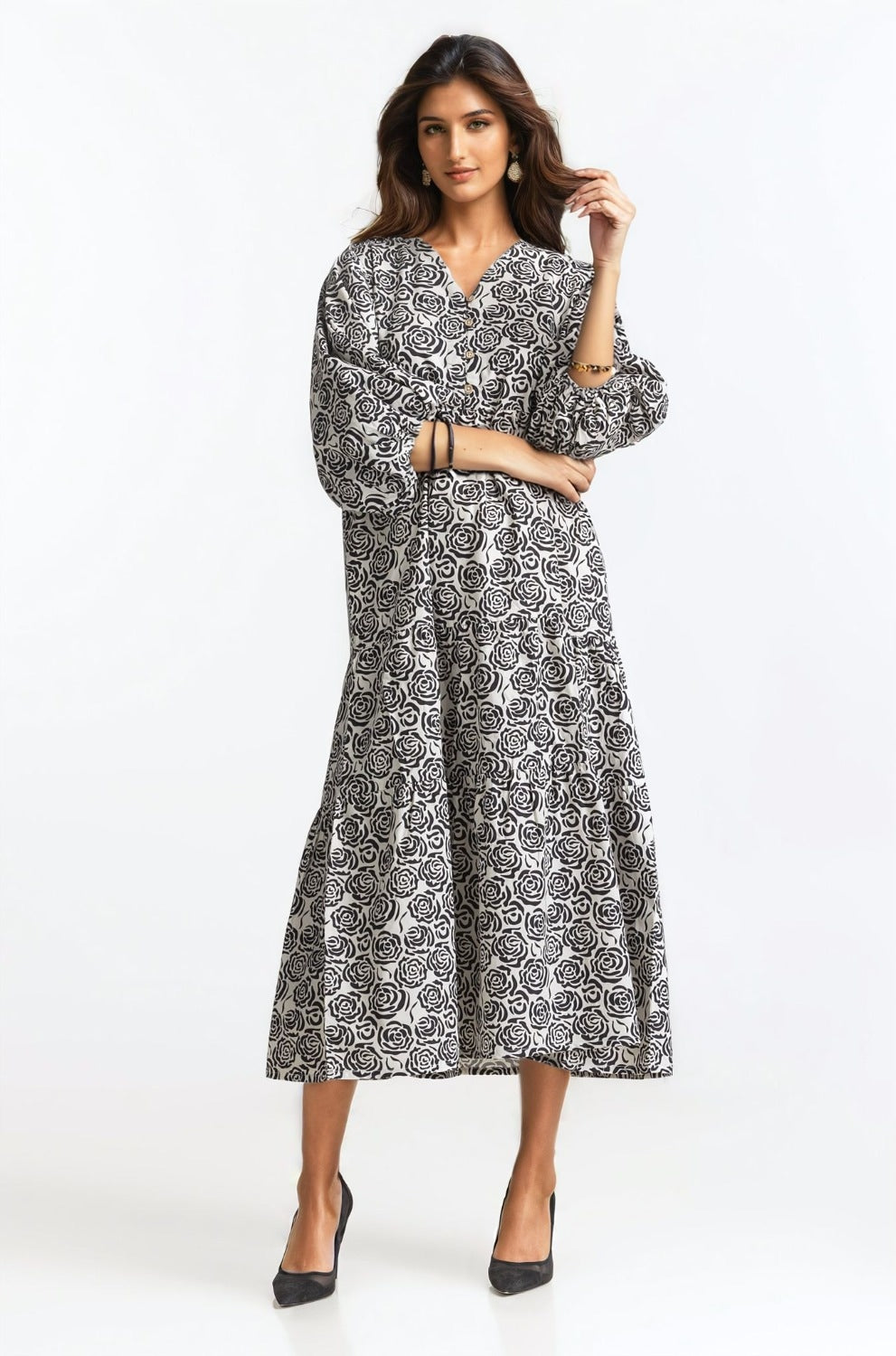 Printed V-Neck Tiers Dress WM-DRS-SS24-018