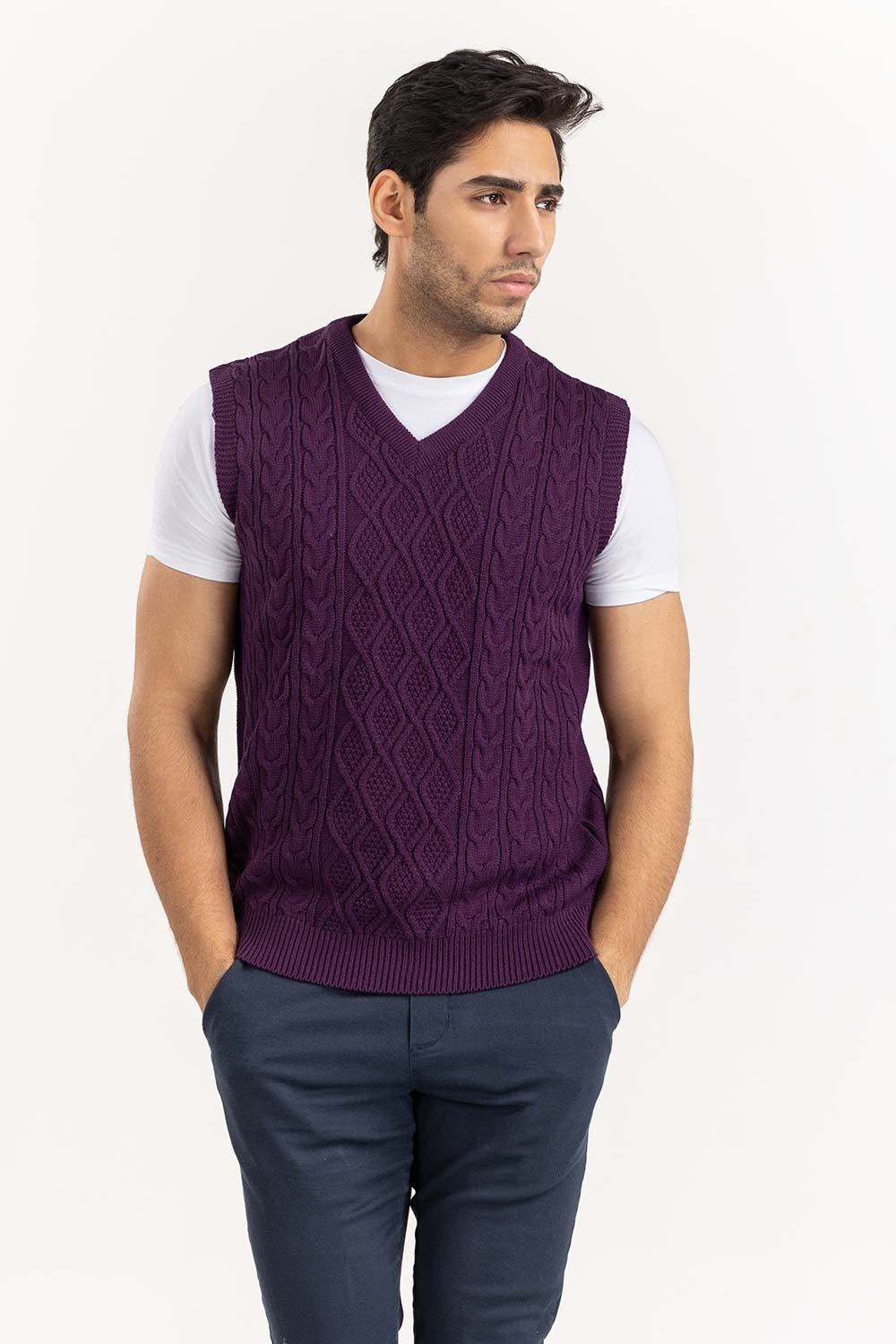 Purple Cabling Sleeveless Sweater SWT-FSLVN22-117-2