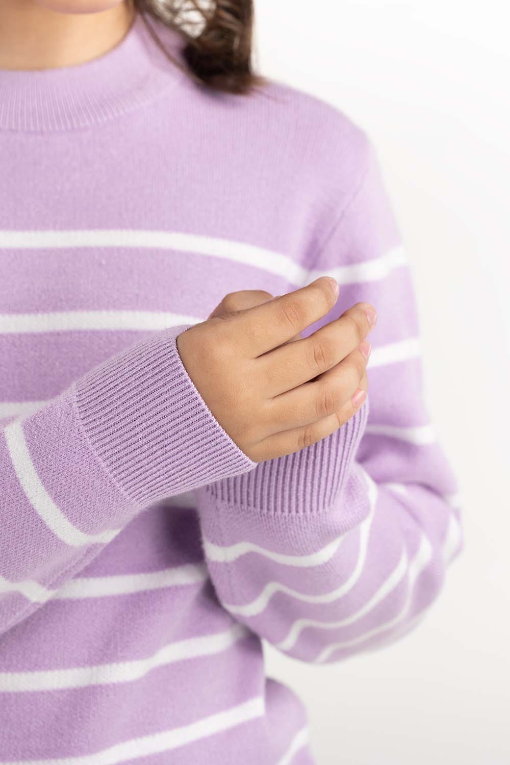 Junior Girl Purple Striped Sweater With Round Neck 224-416-301