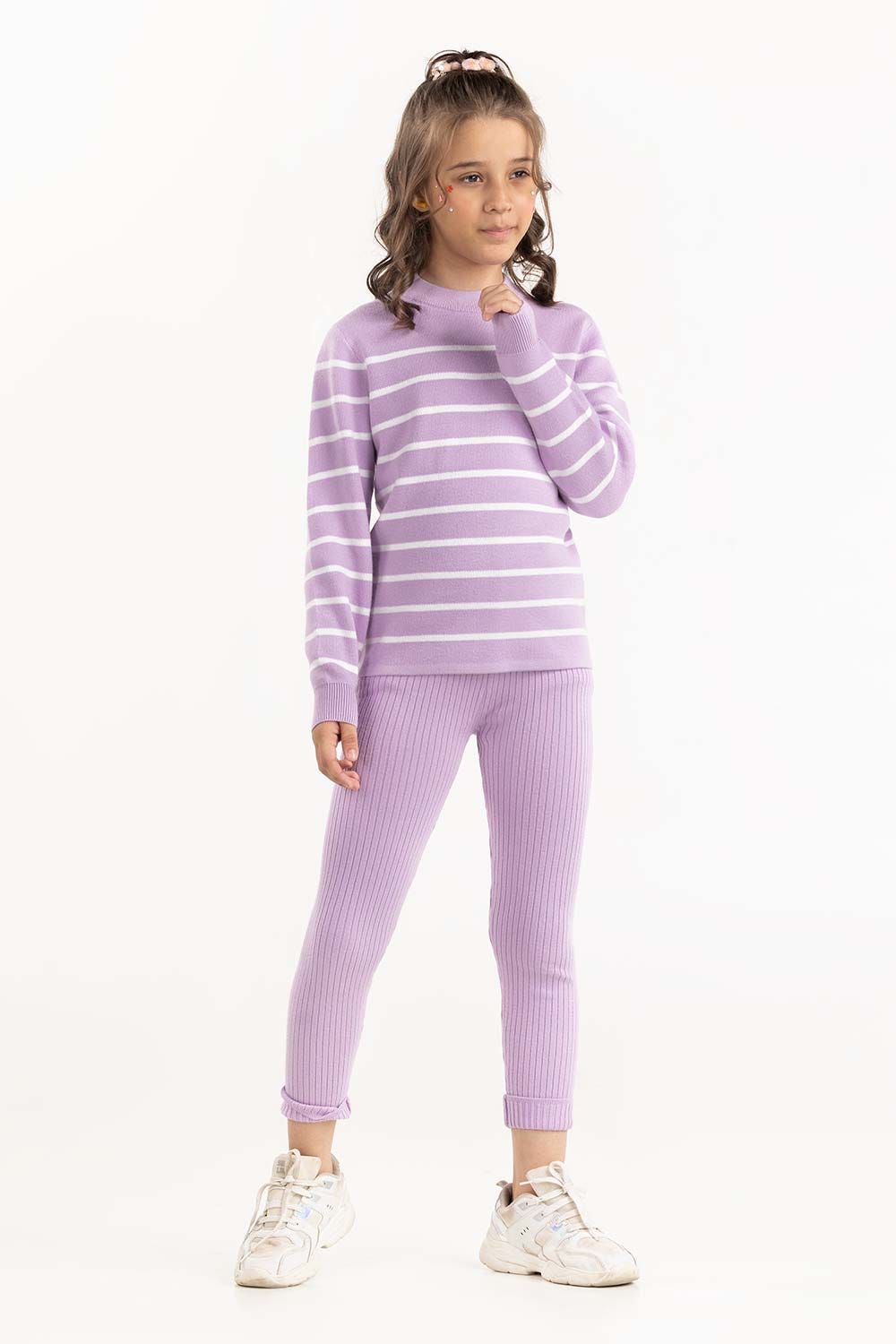 Junior Girl Purple Striped Sweater With Round Neck 224-416-301