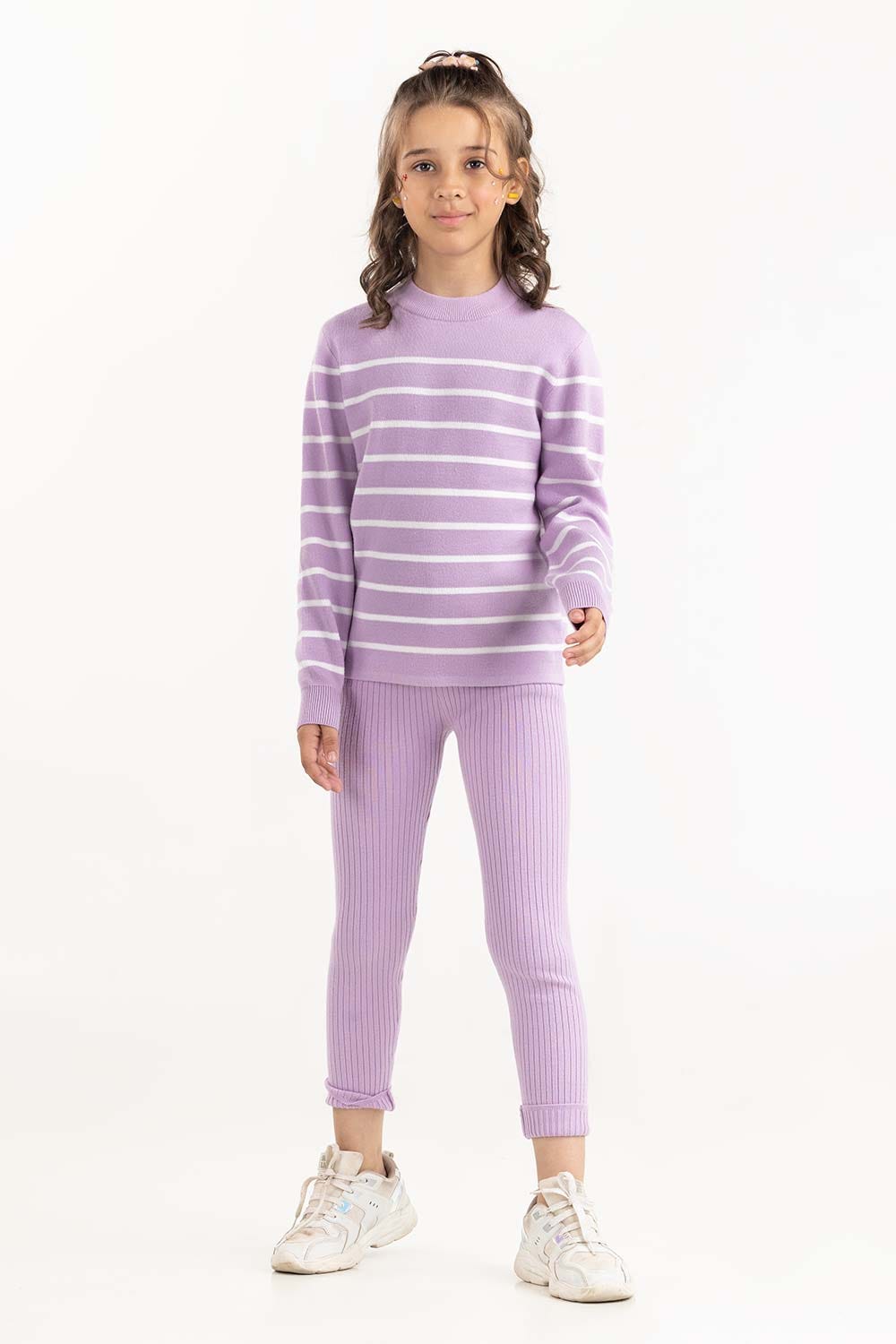 Junior Girl Purple Striped Sweater With Round Neck 224-416-301