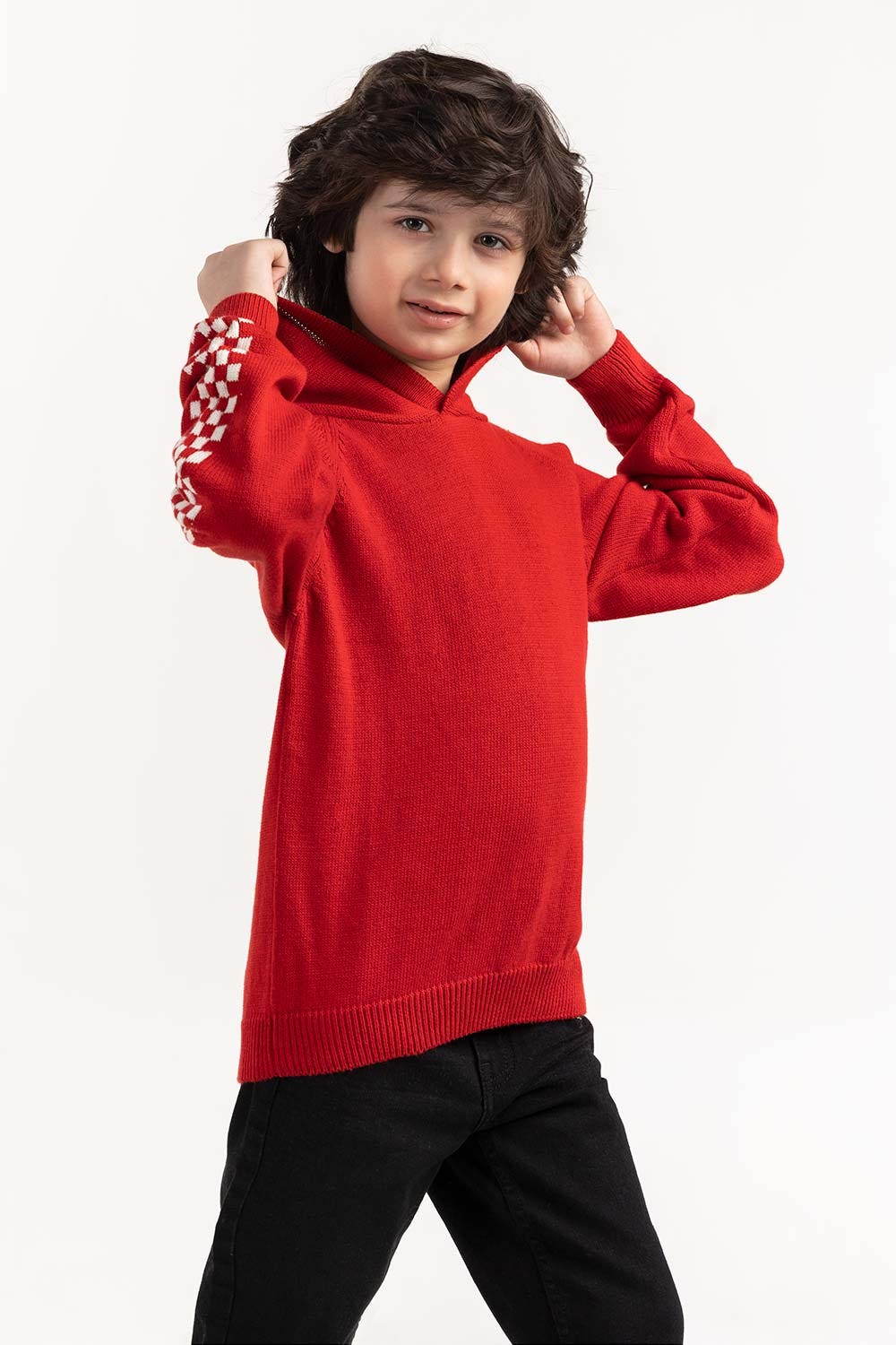 Toddler Boy Red Knit Hooded Neck Sweater 224-511-034