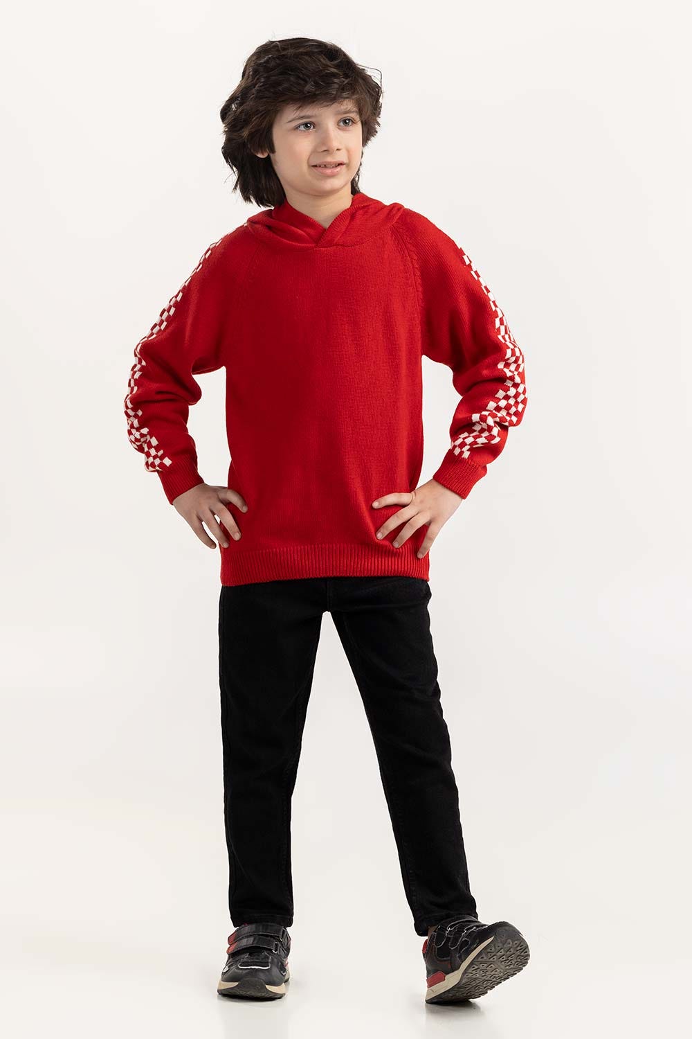 Toddler Boy Red Knit Hooded Neck Sweater 224-511-034