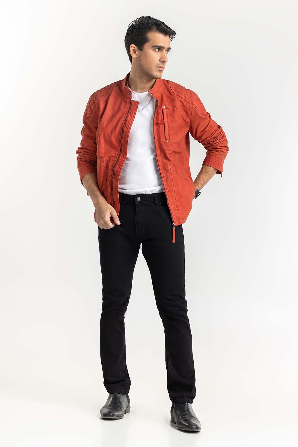 Red Suede Leather Motor Racer Jacket JKT-LTH22-045