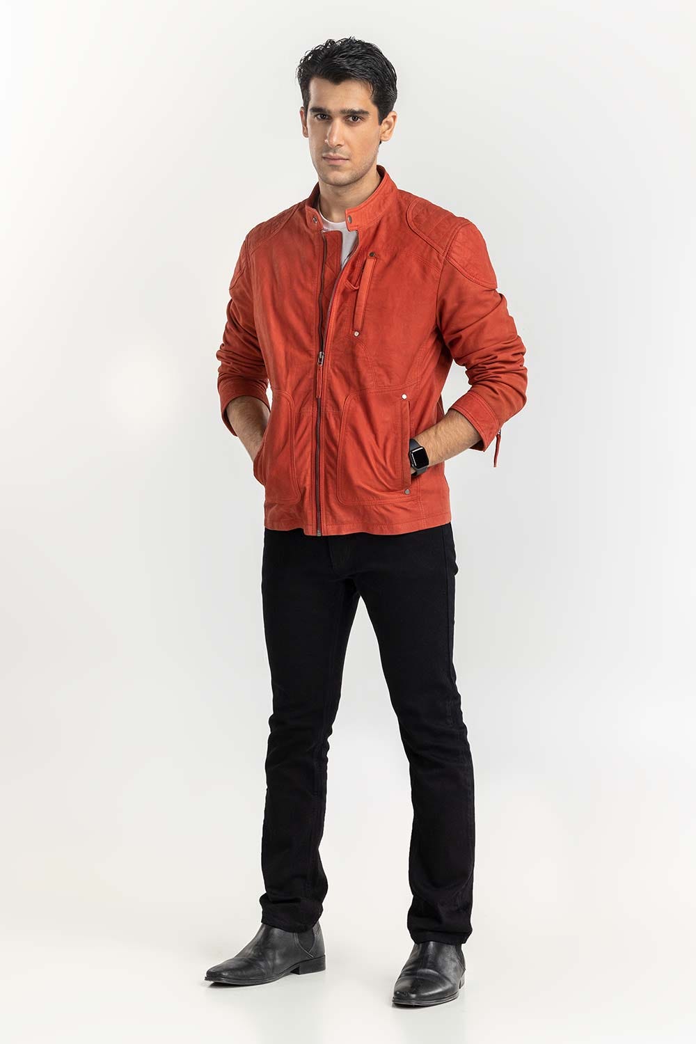 Red Suede Leather Motor Racer Jacket JKT-LTH22-045