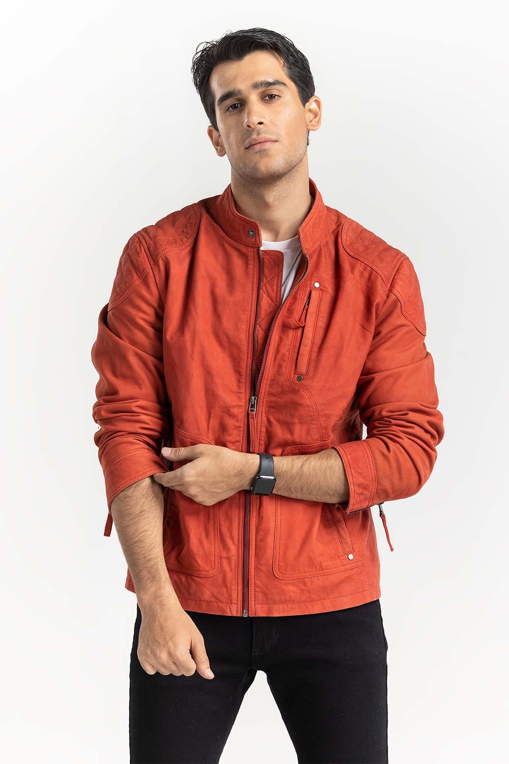 Red Suede Leather Motor Racer Jacket JKT-LTH22-045
