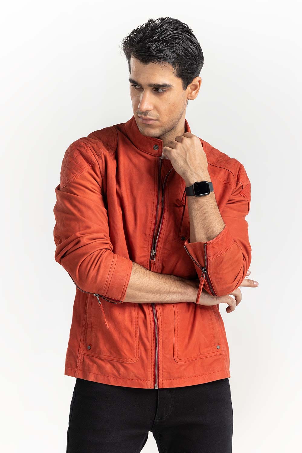 Red Suede Leather Motor Racer Jacket JKT-LTH22-045