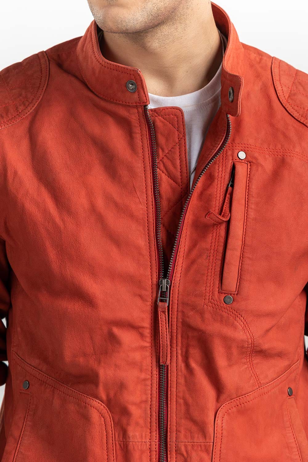 Red Suede Leather Motor Racer Jacket JKT-LTH22-045