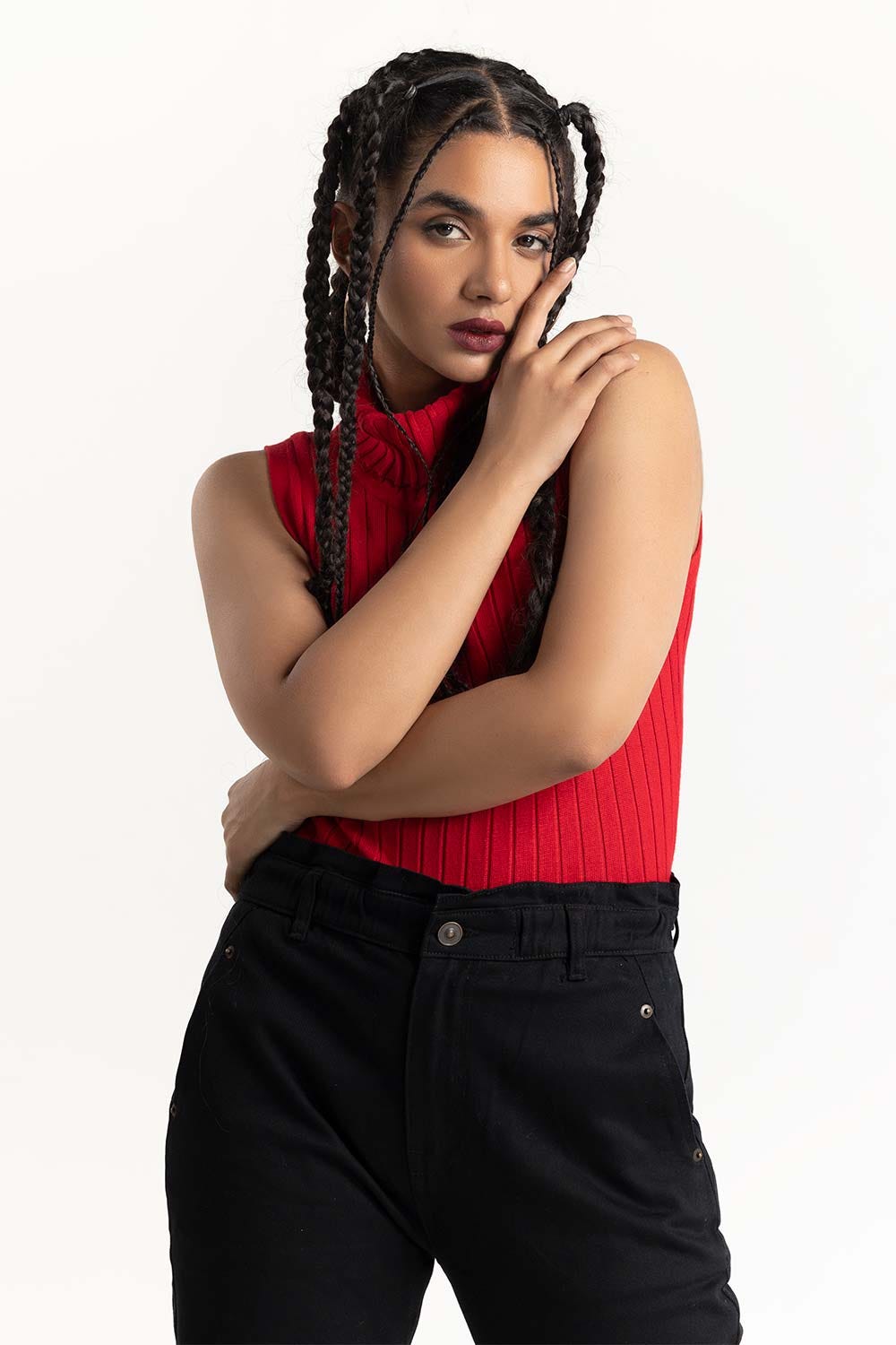 Red High Neck Sweater 224-211-028